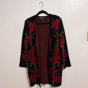 Kempson  Black/Roses Open Front Knit Cardigan Sweater Pockets Sz M